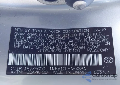 2020 Toyota Corolla Se из США, поврежденный, VIN JTDS4RCE9LJ032100